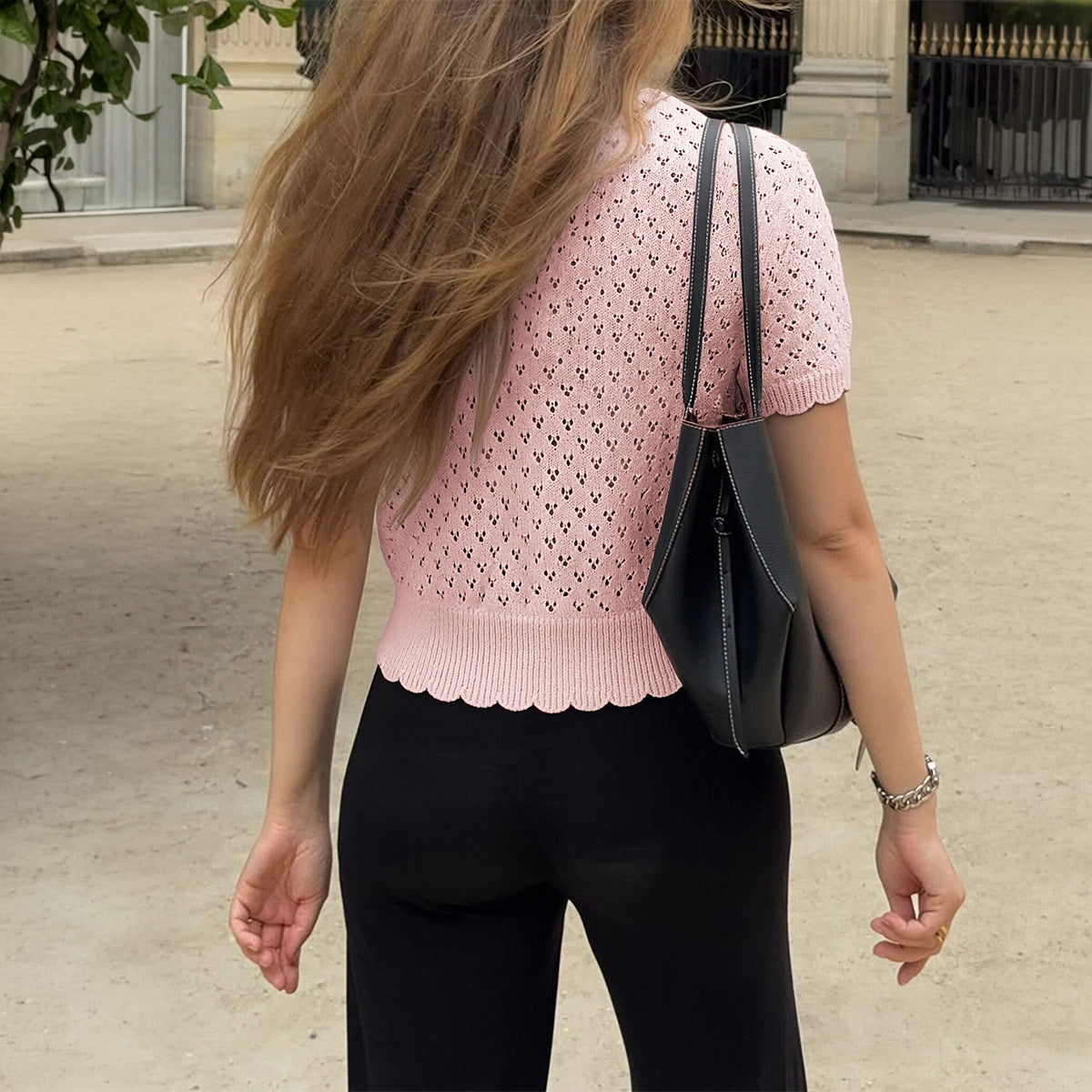 Women's hollowed-out knitted short-sleeved top